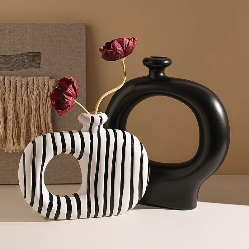 Black and White Stripesd Ceramic Vase