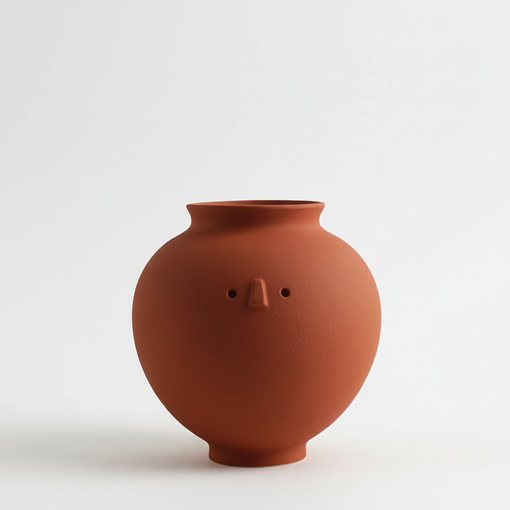 Terracotta ceramic vase on white background